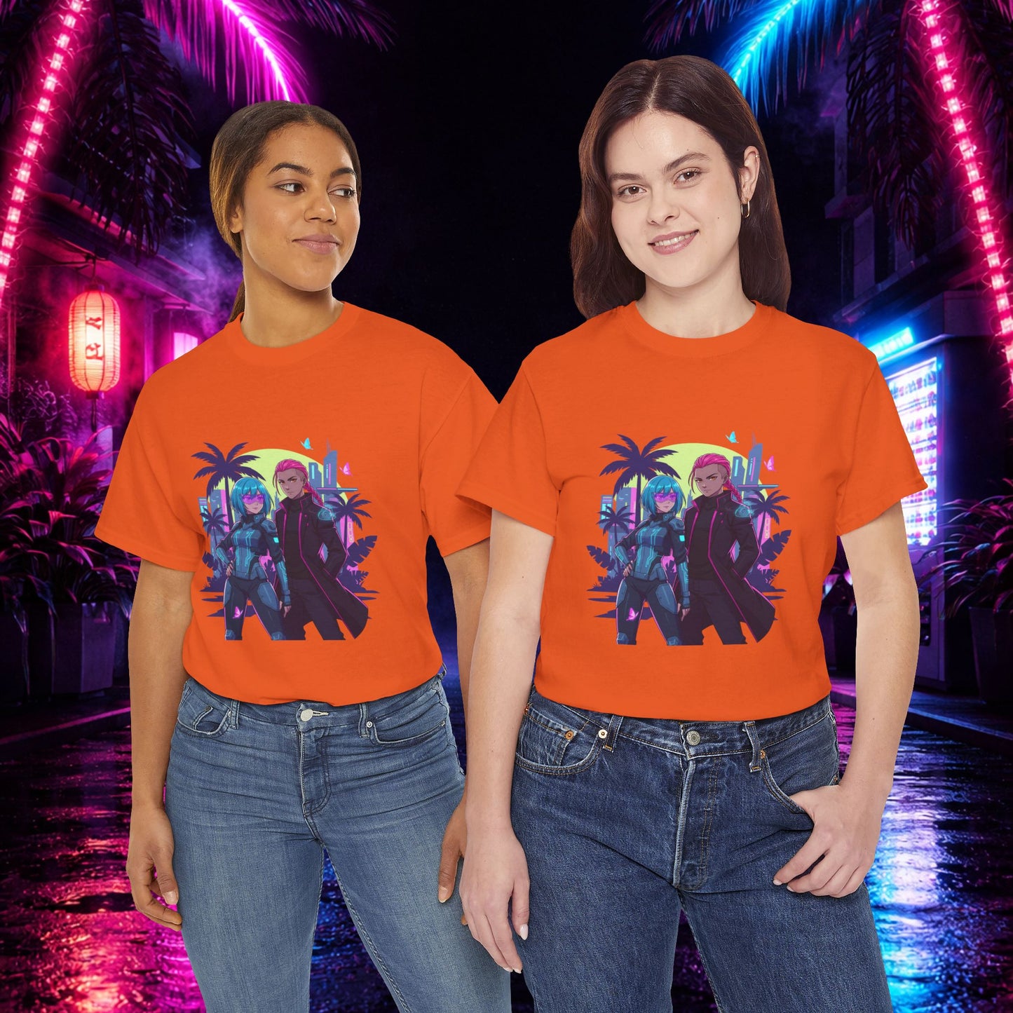 Cyberpunk Tropical Duo Tee — Neon Futuristic Beach Graphic T-Shirt