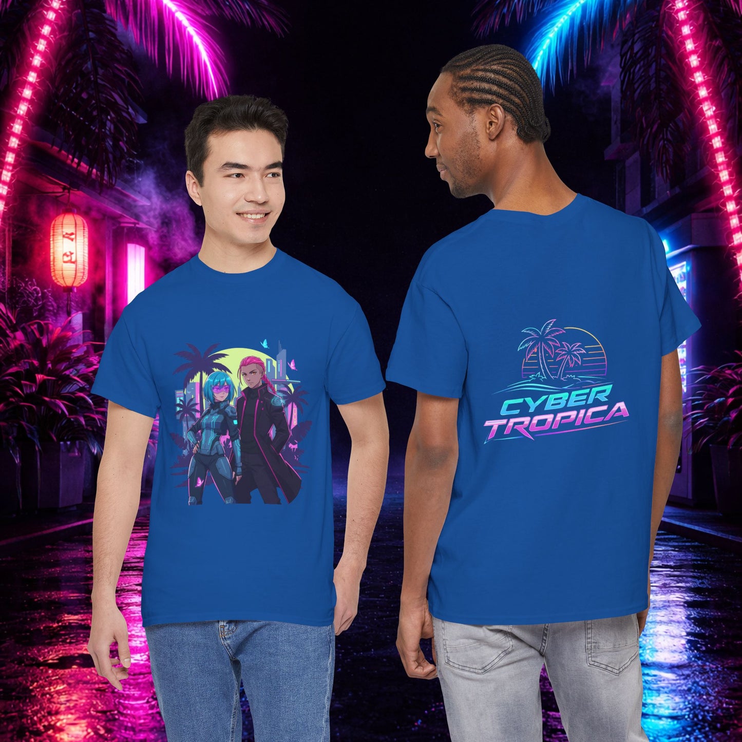 Cyberpunk Tropical Duo Tee — Neon Futuristic Beach Graphic T-Shirt