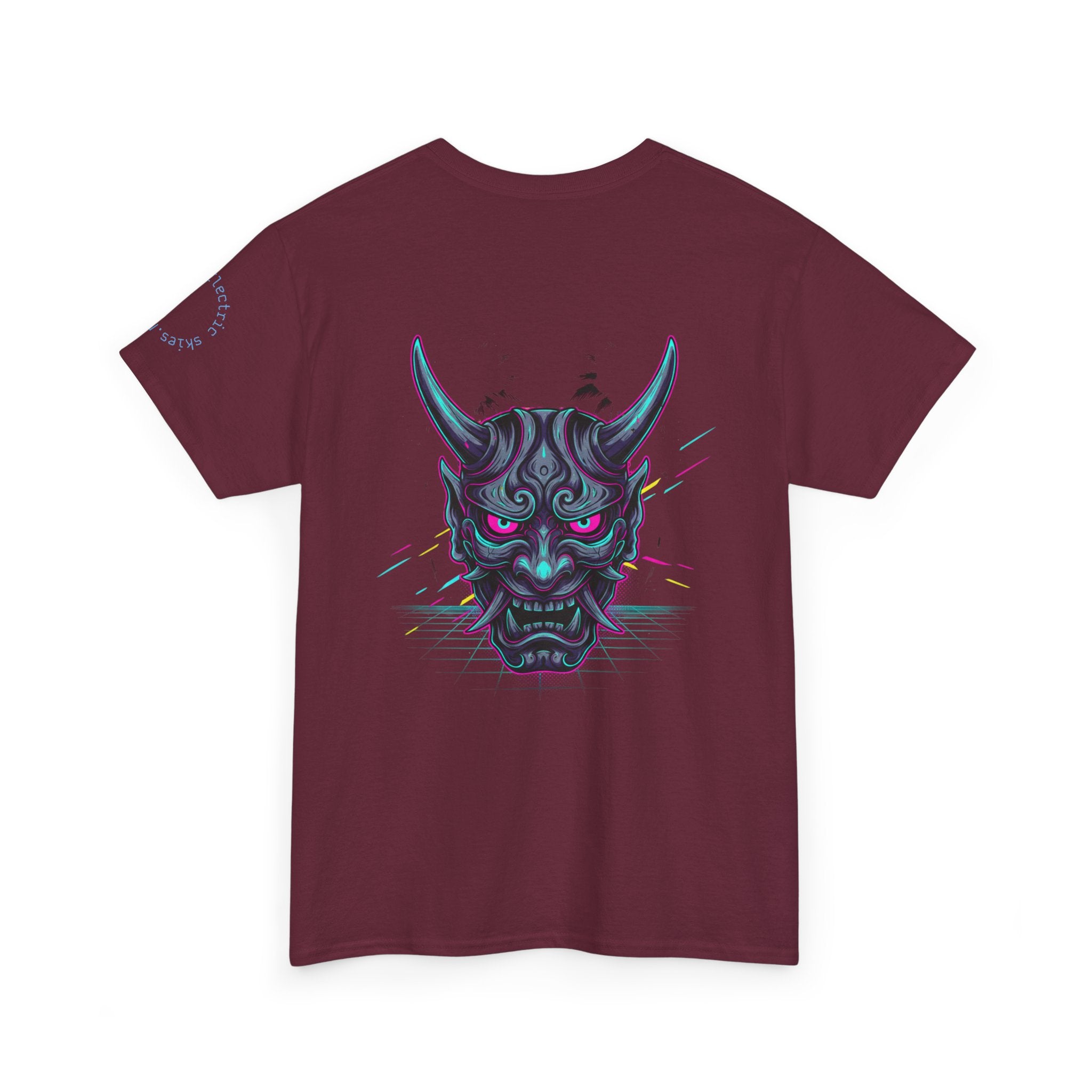 Oni Demon Graphic Tee — Neon Oni Mask Backprint with Subtle Front Text