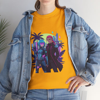 Cyberpunk Tropical Duo Tee — Neon Futuristic Beach Graphic T-Shirt