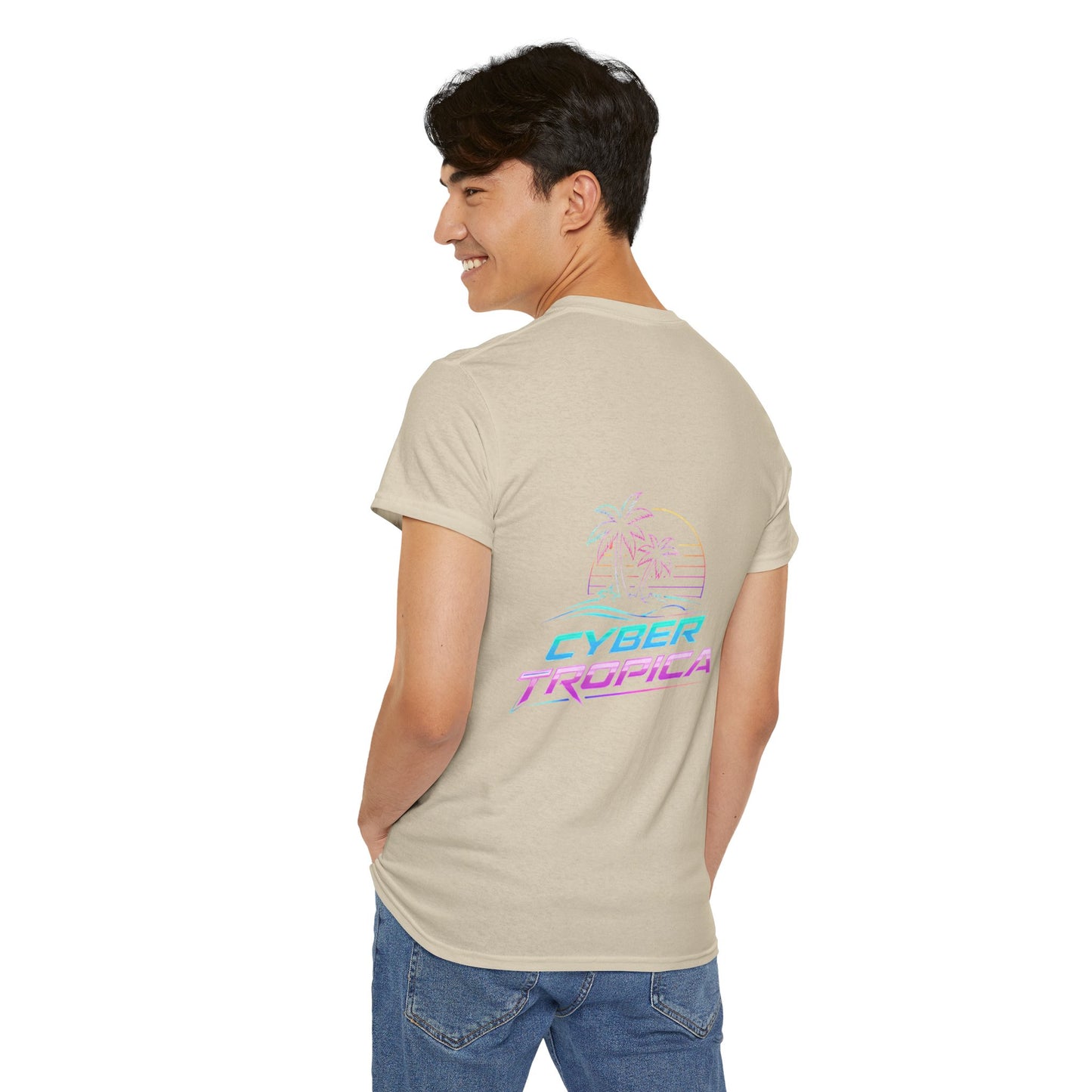 Cyberpunk Tropical Duo Tee — Neon Futuristic Beach Graphic T-Shirt