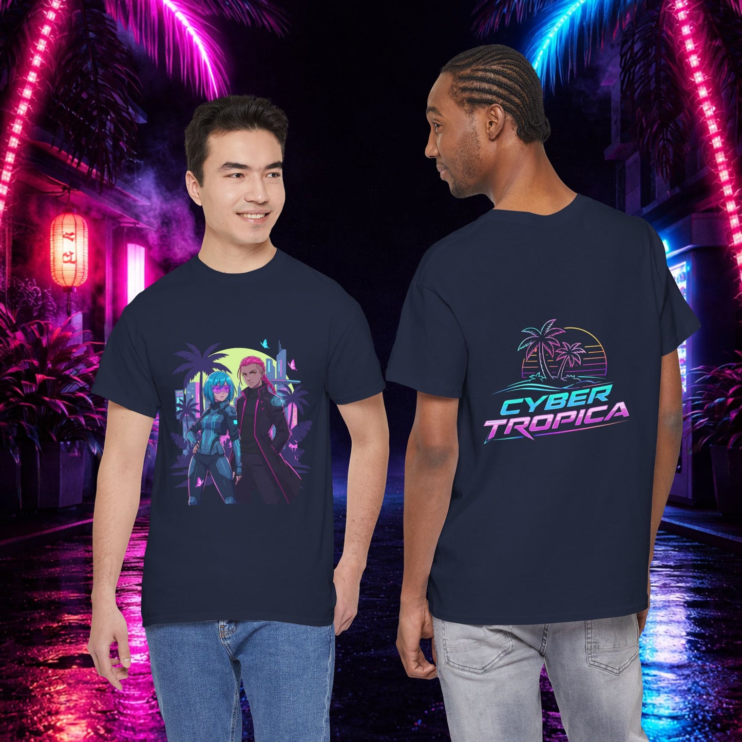 Cyberpunk Tropical Duo Tee — Neon Futuristic Beach Graphic T-Shirt