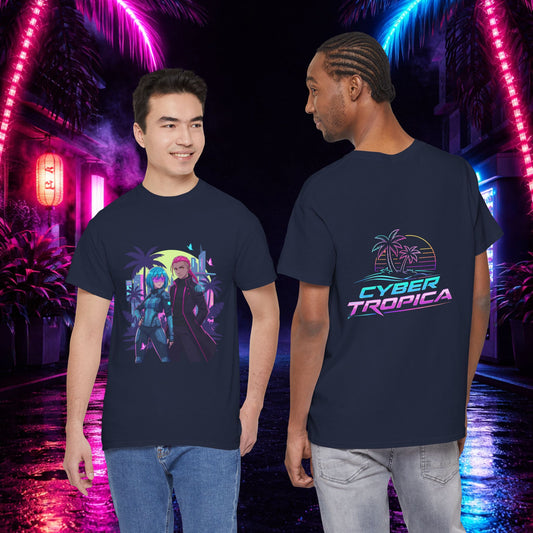 Cyberpunk Tropical Duo Tee — Neon Futuristic Beach Graphic T-Shirt