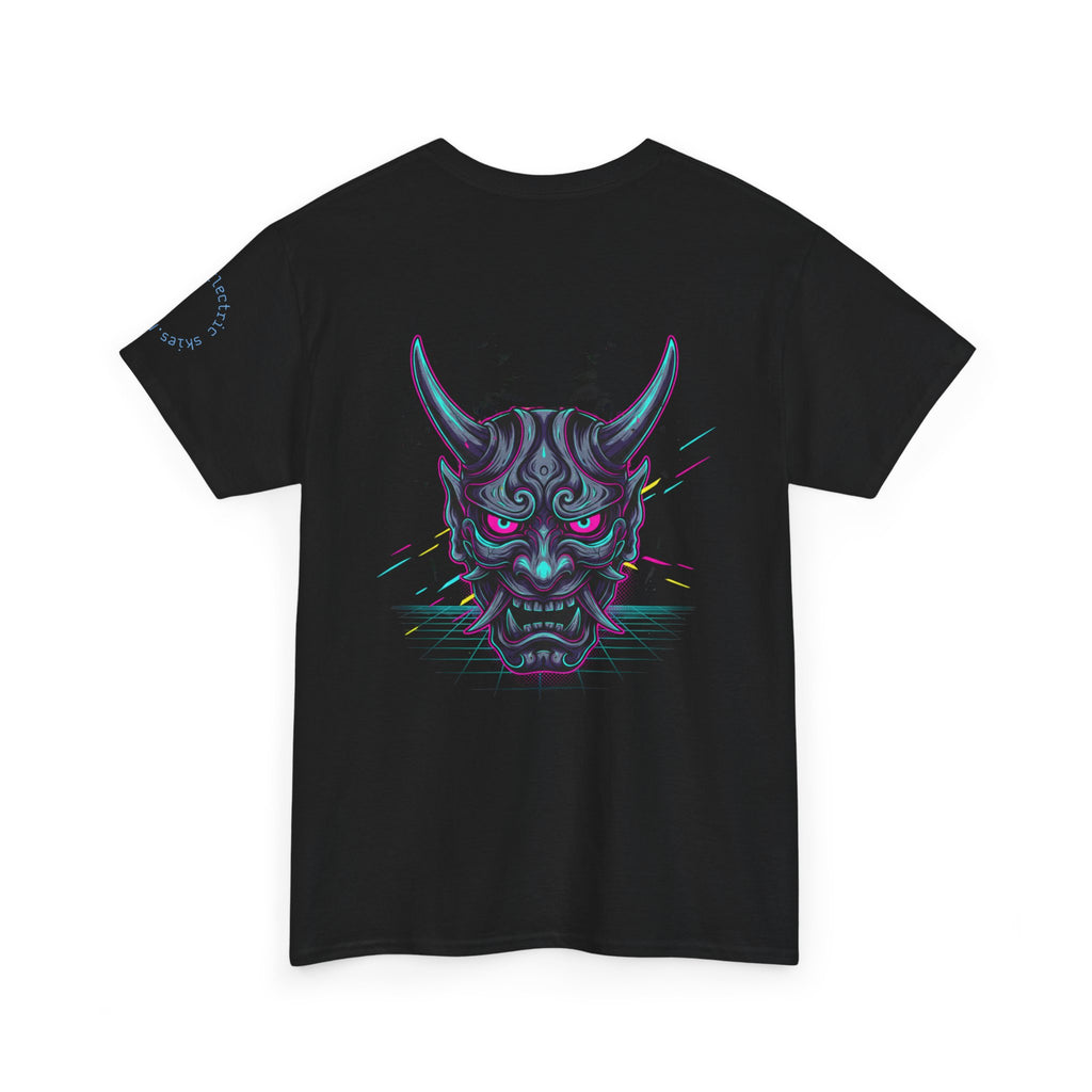 Oni Demon Graphic Tee — Neon Oni Mask Backprint with Subtle Front Text