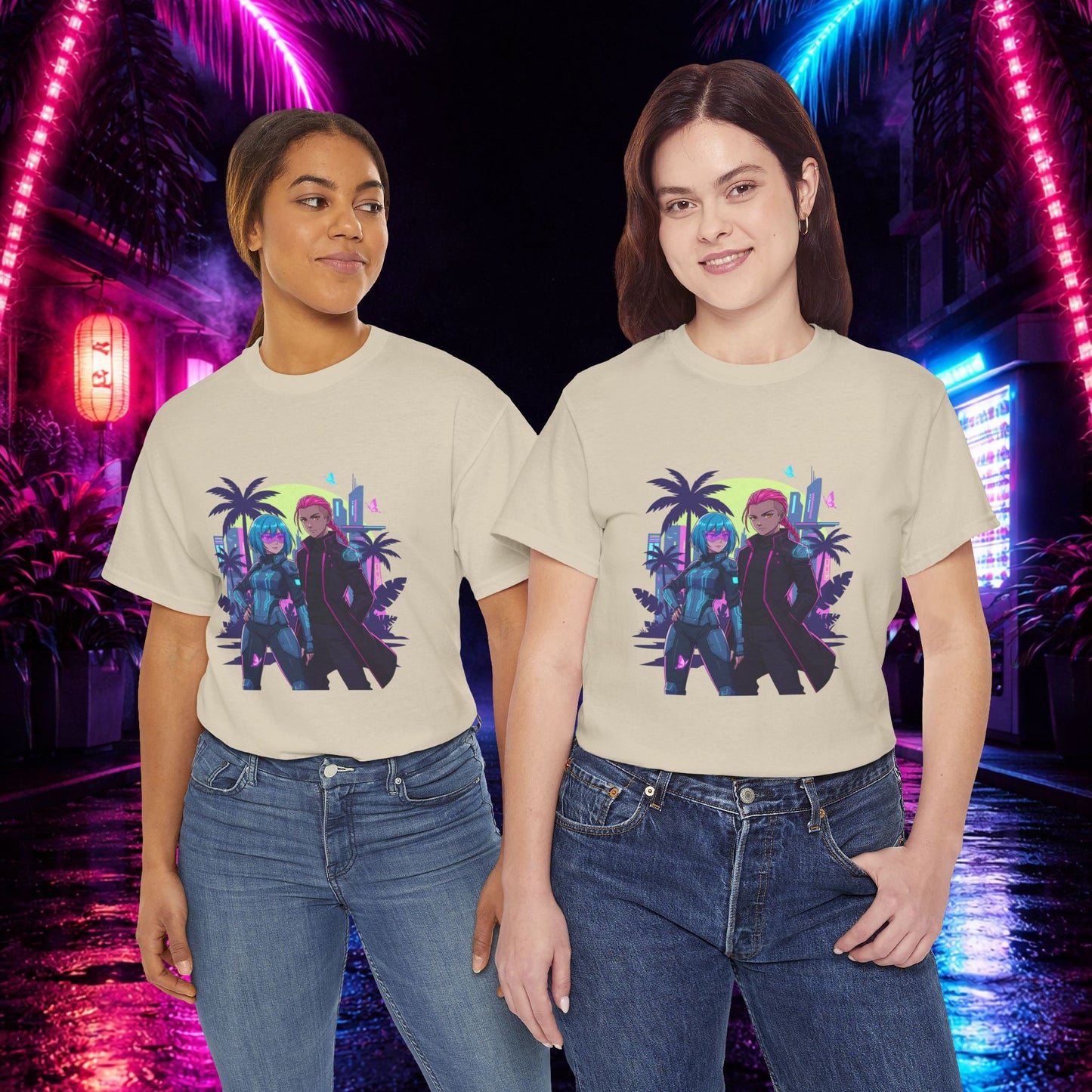 Cyberpunk Tropical Duo Tee — Neon Futuristic Beach Graphic T-Shirt