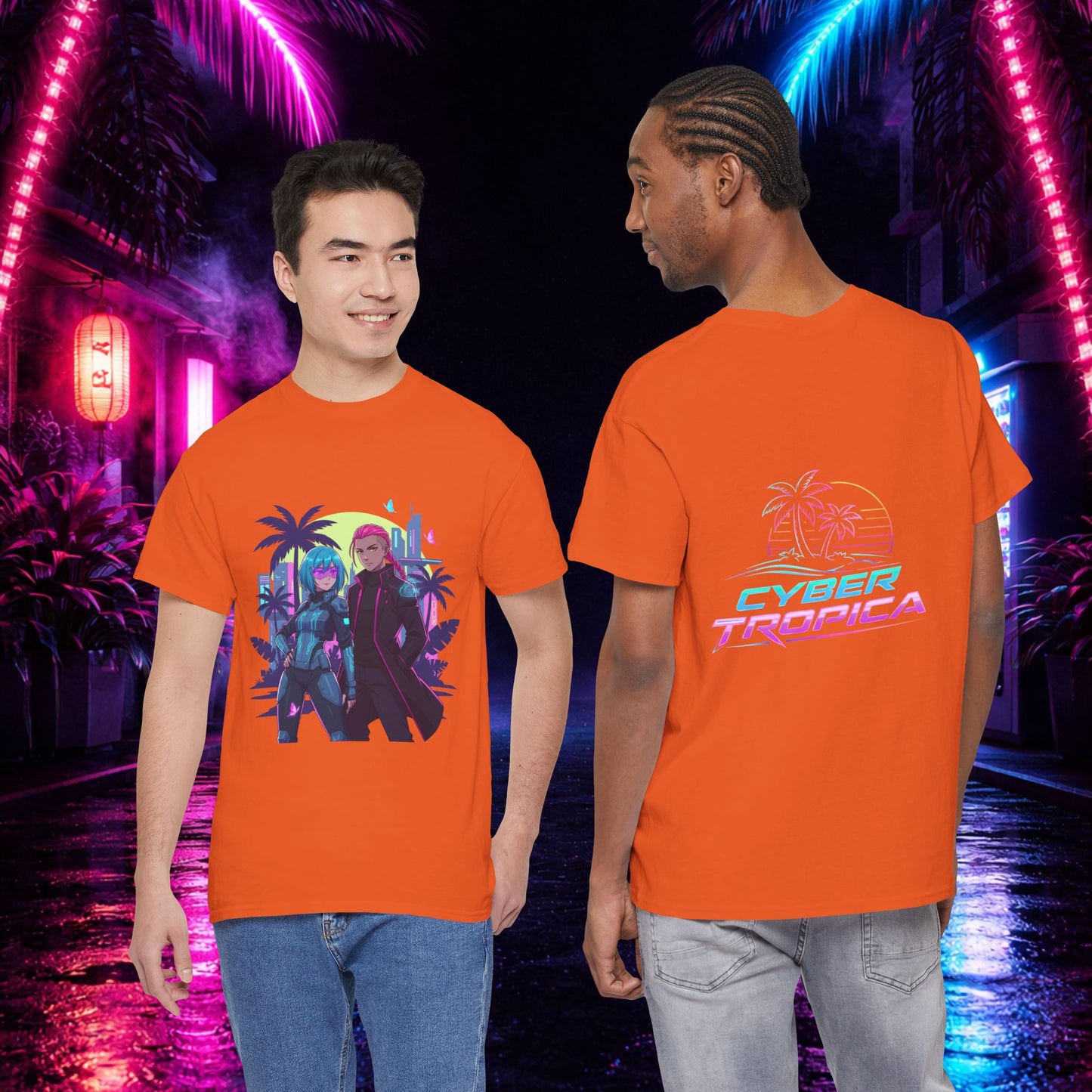 Cyberpunk Tropical Duo Tee — Neon Futuristic Beach Graphic T-Shirt