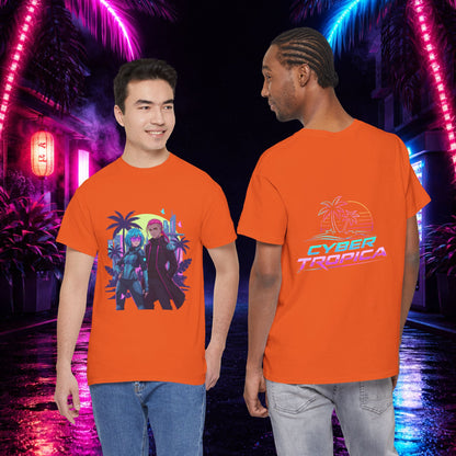Cyberpunk Tropical Duo Tee — Neon Futuristic Beach Graphic T-Shirt