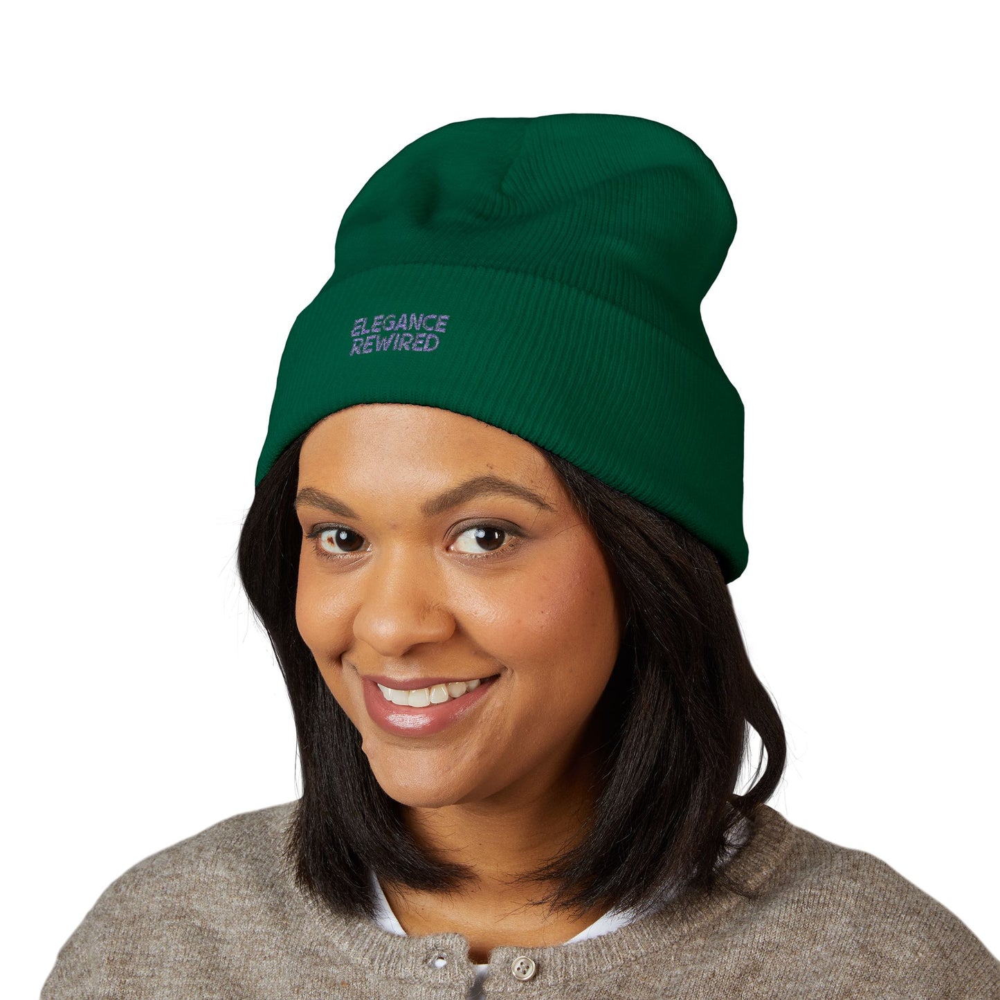 Embroidered 'Elegance Rewired' Cuffed Beanie
