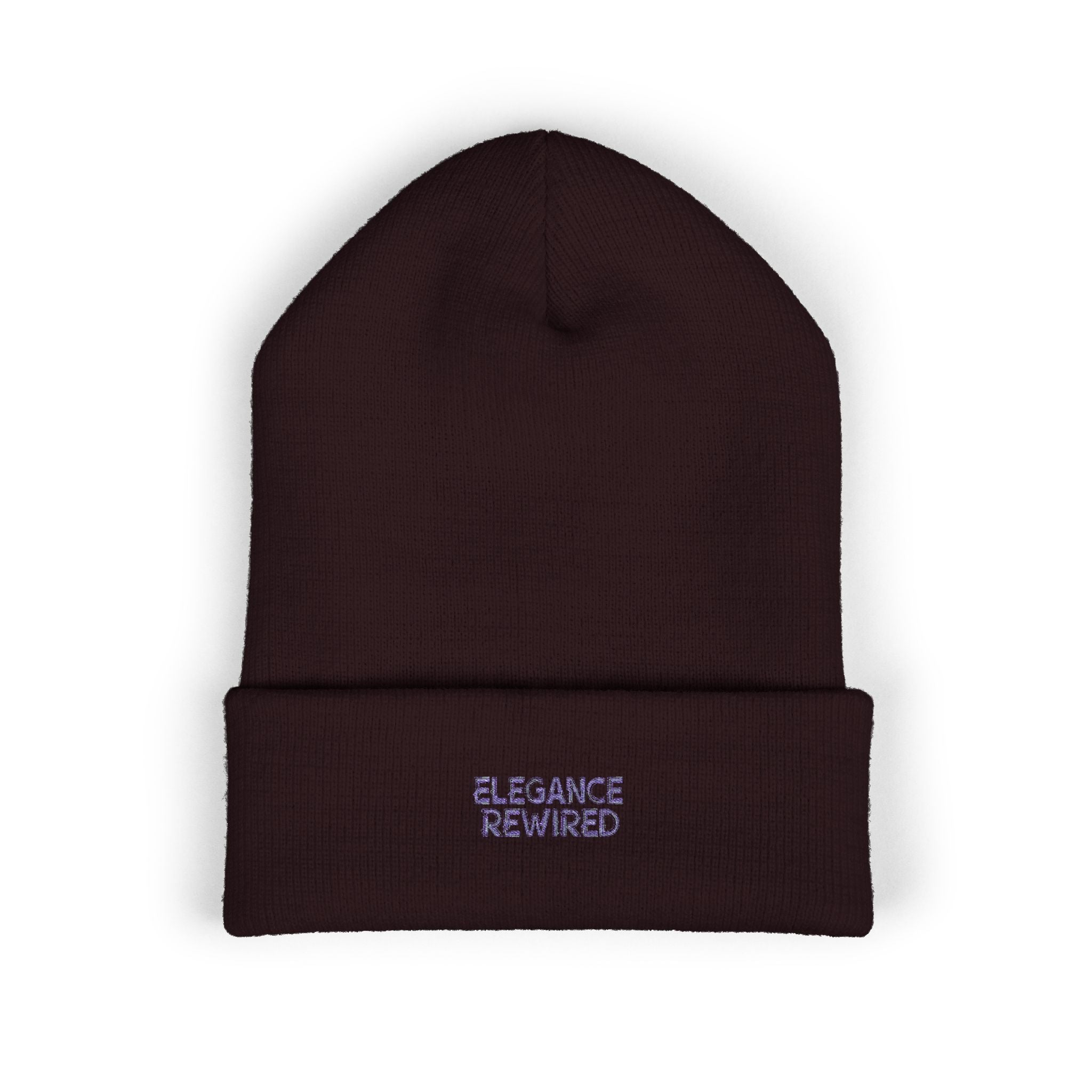 Embroidered 'Elegance Rewired' Cuffed Beanie — Minimal White Knit Winter Hat