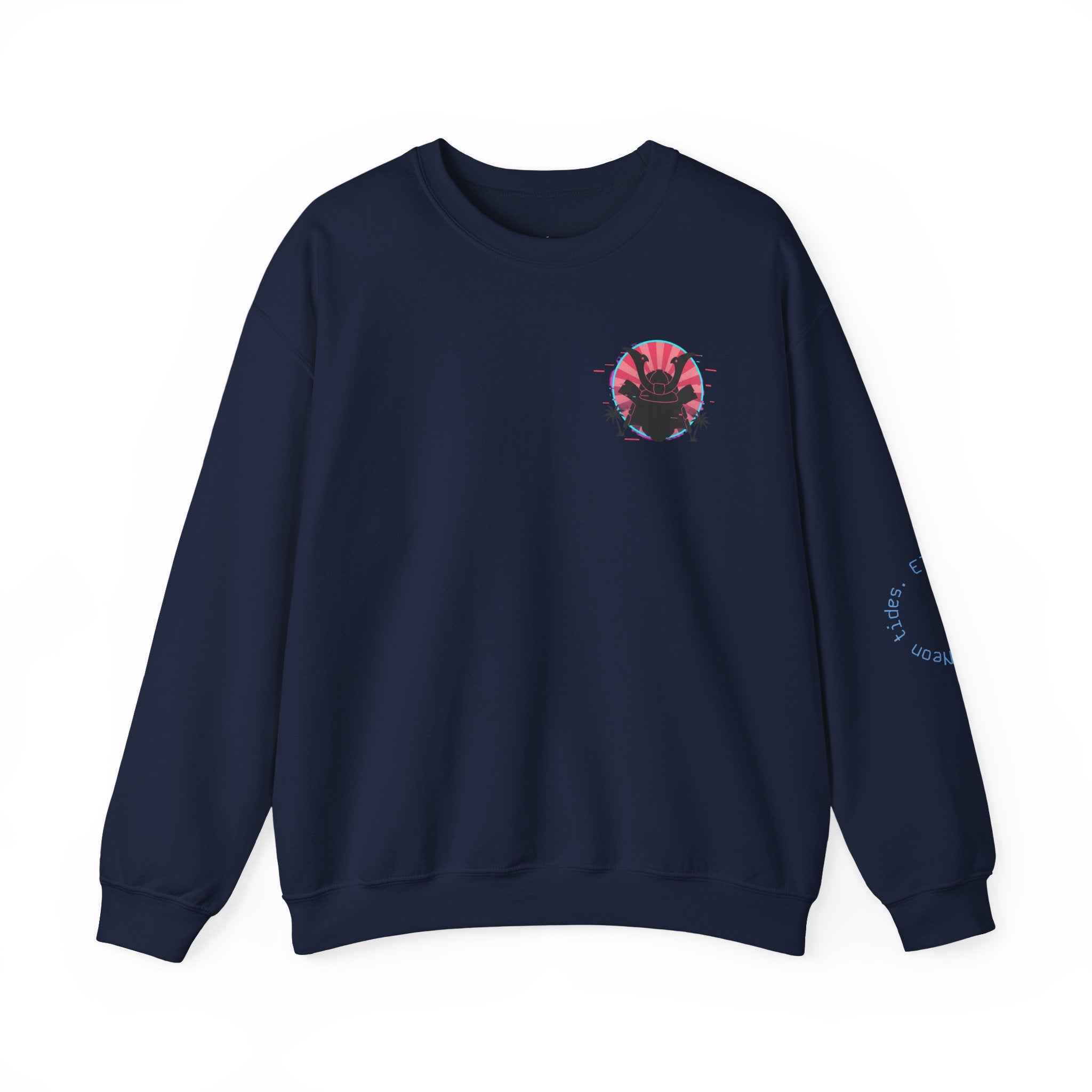 Surf Samurai Crewneck Sweatshirt — Retro Neon Sunset Wave Design