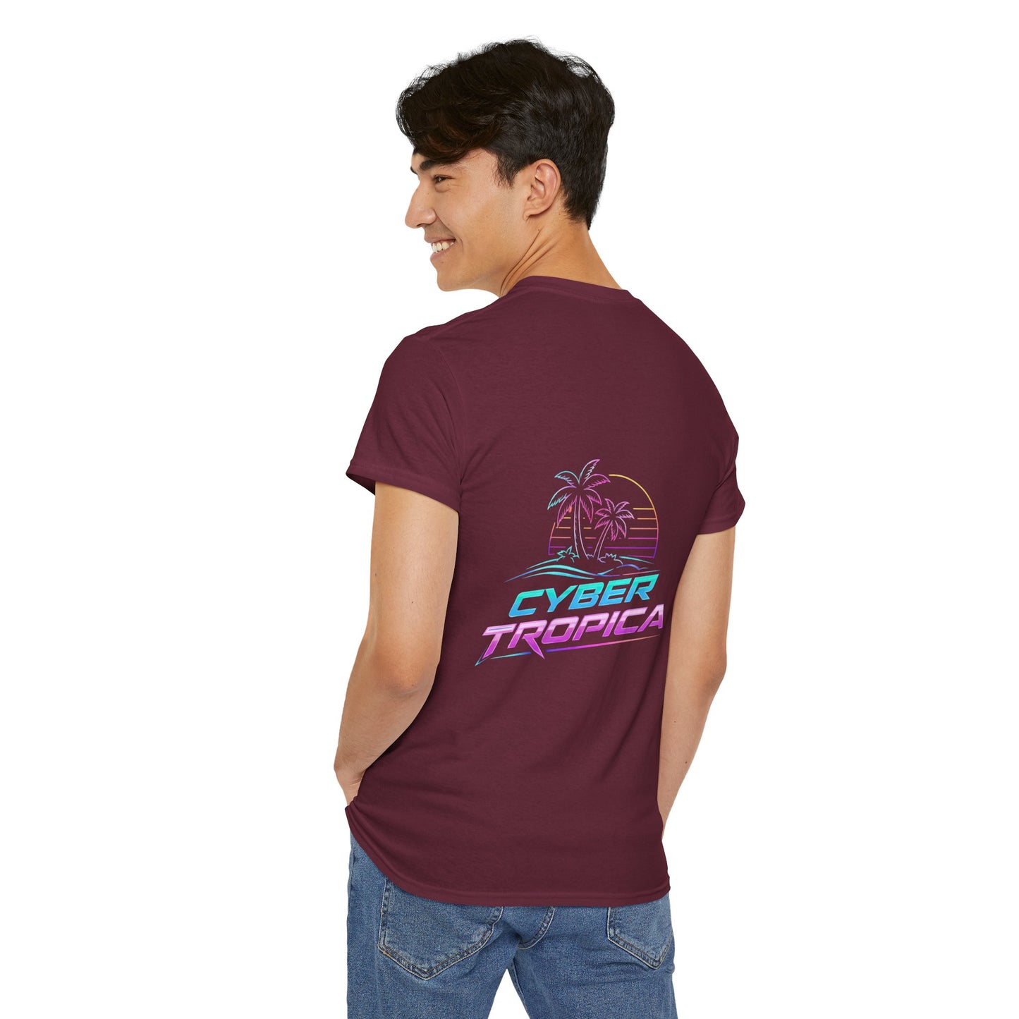 Cyberpunk Tropical Duo Tee — Neon Futuristic Beach Graphic T-Shirt