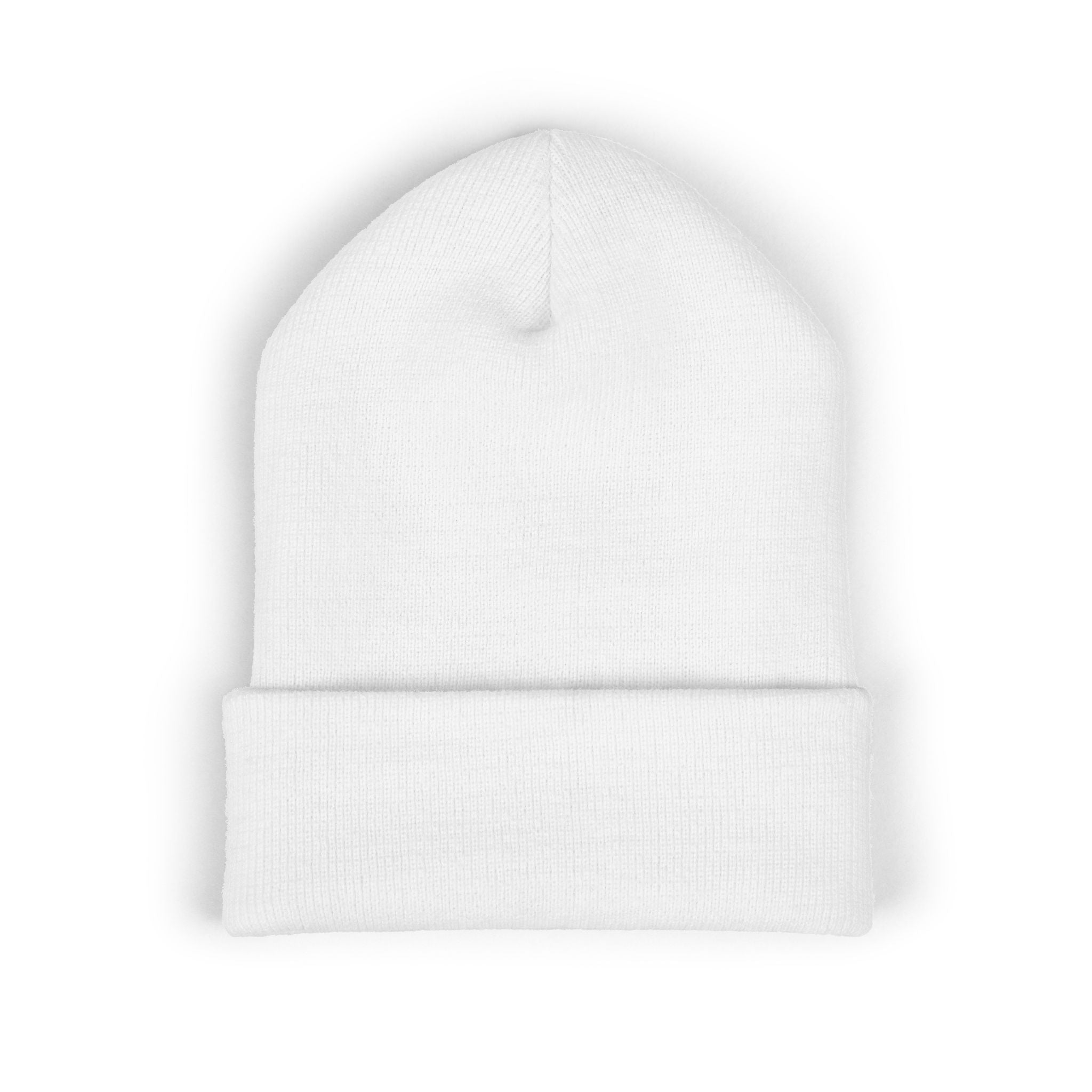 Embroidered 'Elegance Rewired' Cuffed Beanie — Minimal White Knit Winter Hat