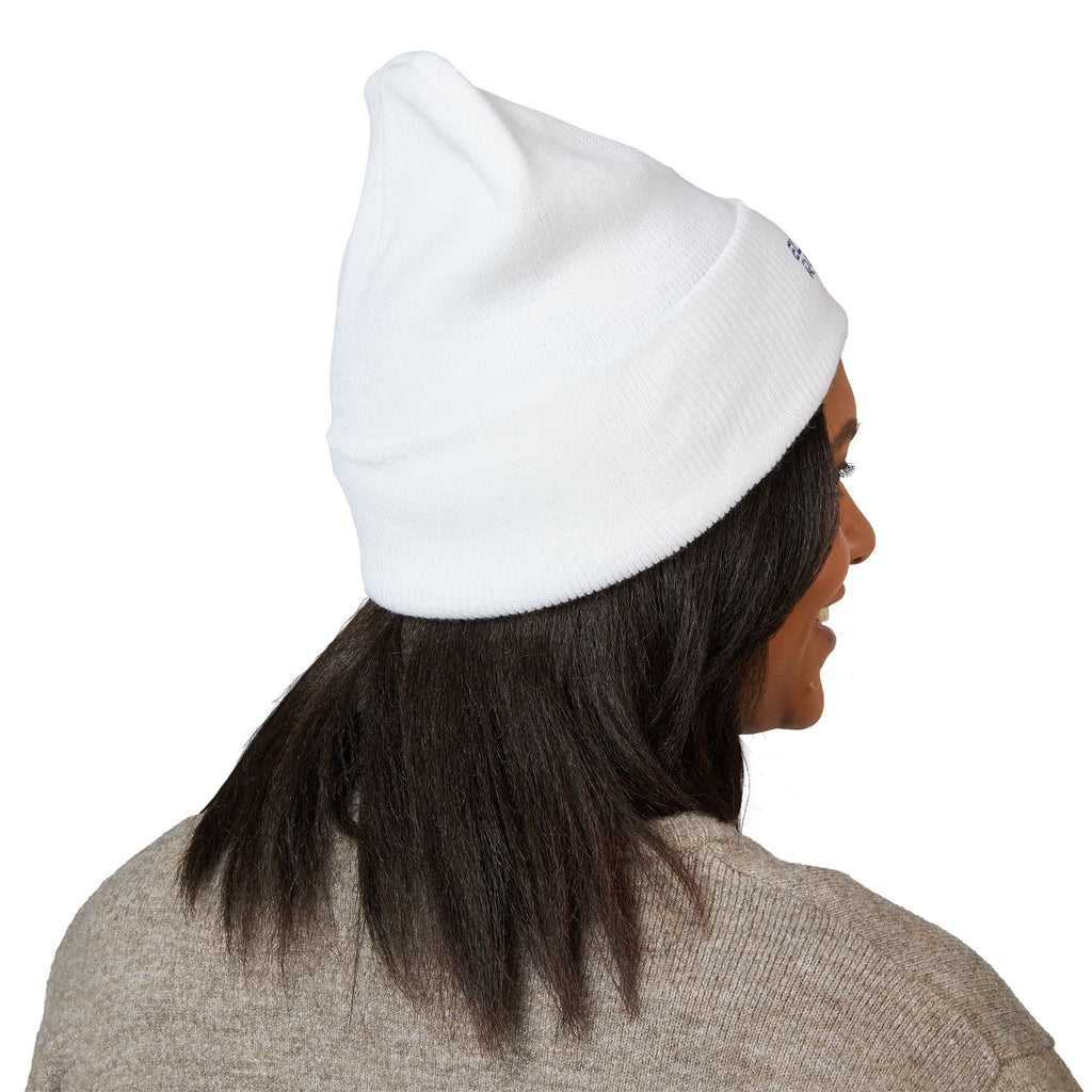 Embroidered 'Elegance Rewired' Cuffed Beanie — Minimal White Knit Winter Hat
