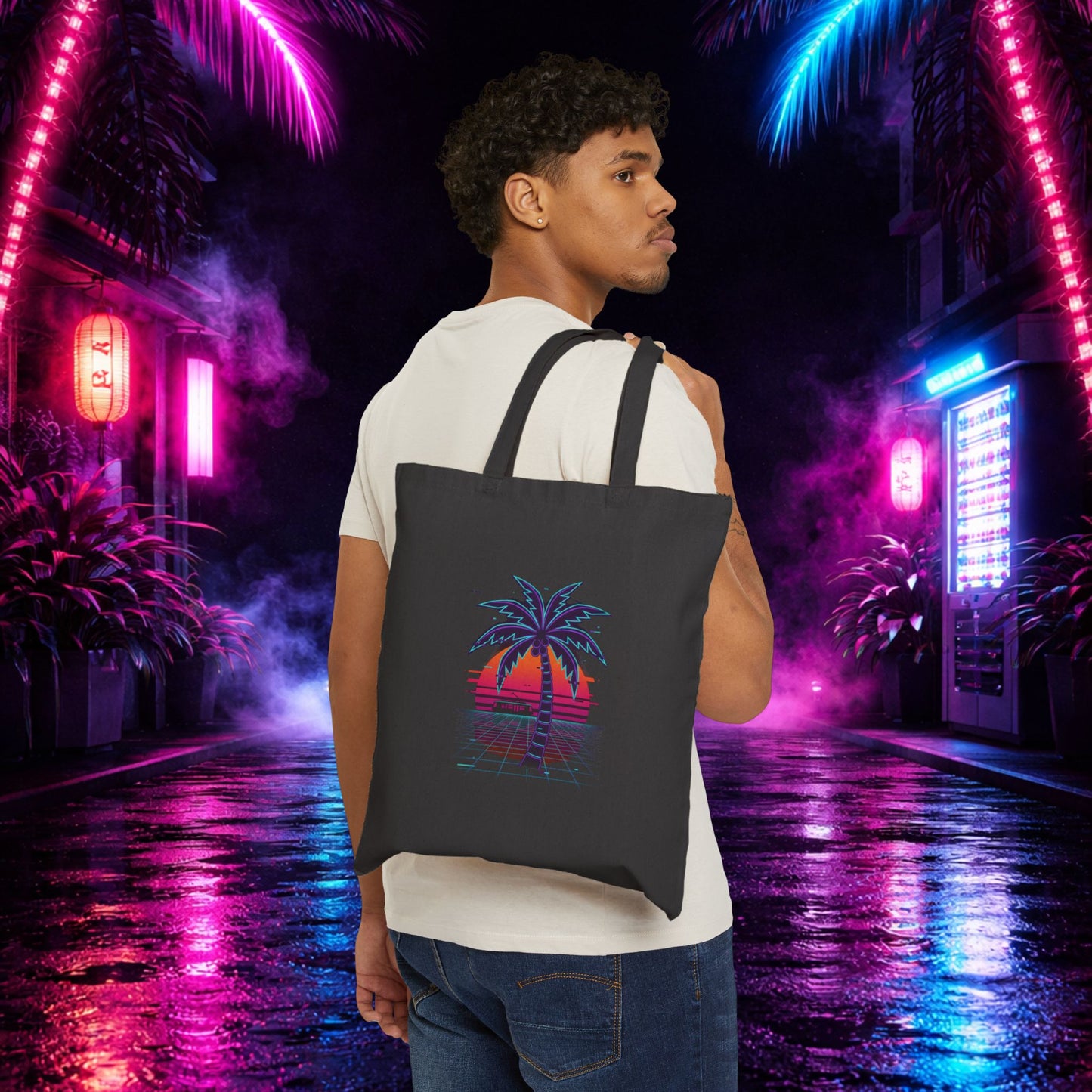 Neon Palm Sunset Canvas Tote ("neon tides. Electric skies.")
