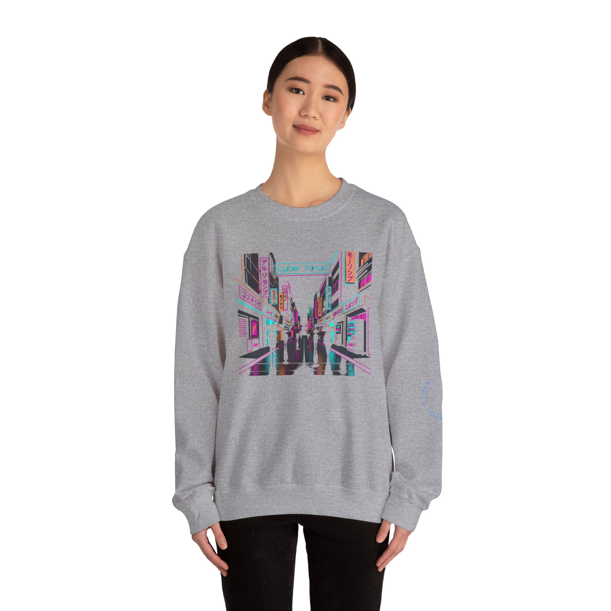 Retro Neon City Crewneck Sweatshirt — Vaporwave Street Scene Design