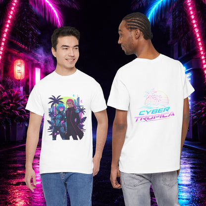Cyberpunk Tropical Duo Tee — Neon Futuristic Beach Graphic T-Shirt