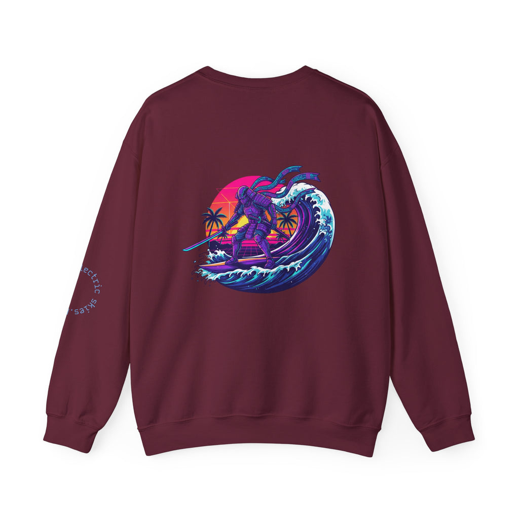 Surf Samurai Crewneck Sweatshirt — Retro Neon Sunset Wave Design
