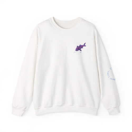 Crewneck Sweatshirt — Pastel Japanese Text Repeat & Purple Fish Graphic