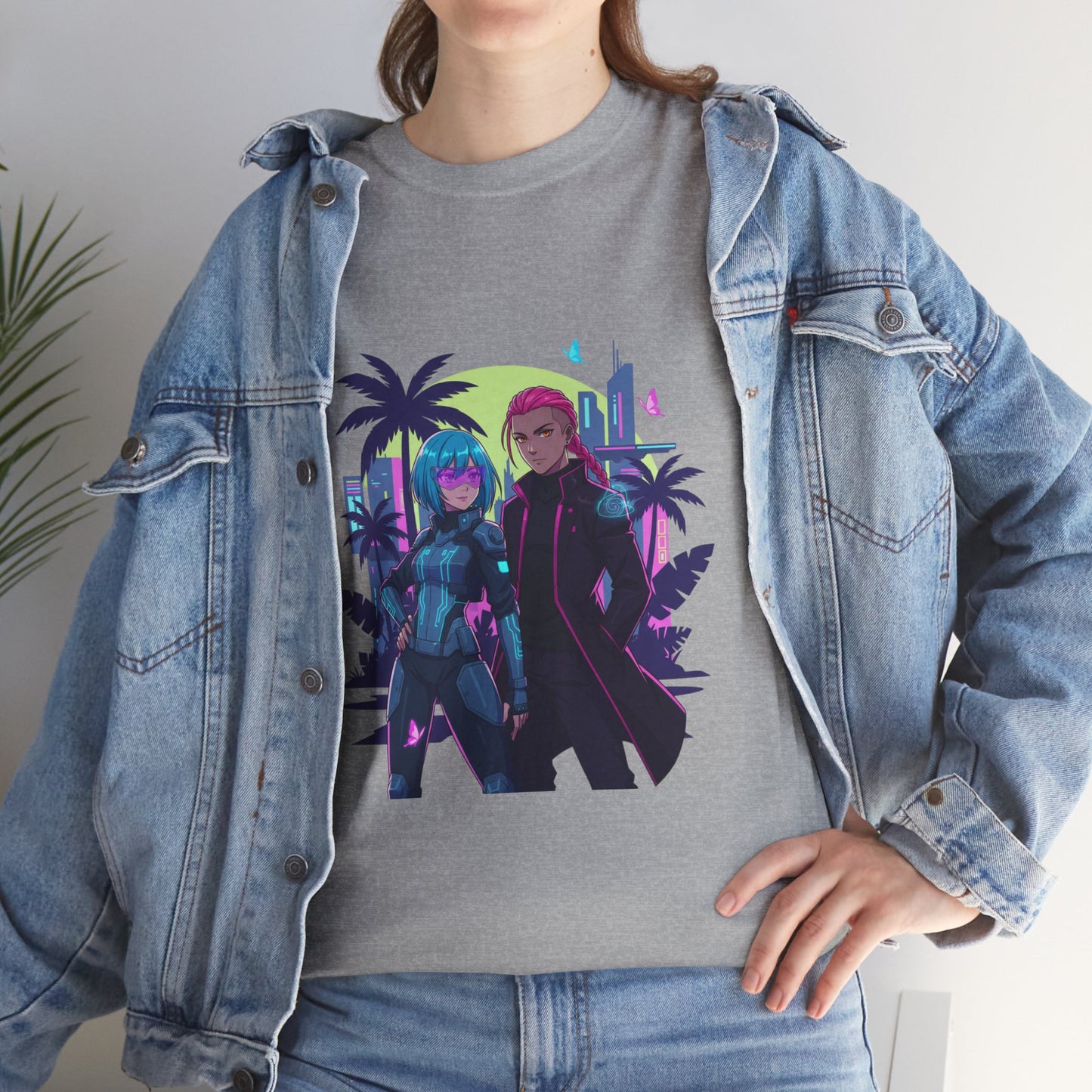 Cyberpunk Tropical Duo Tee — Neon Futuristic Beach Graphic T-Shirt