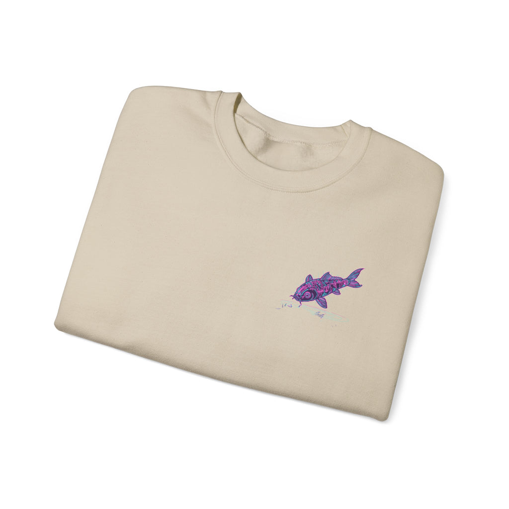 Crewneck Sweatshirt — Pastel Japanese Text Repeat & Purple Fish Graphic