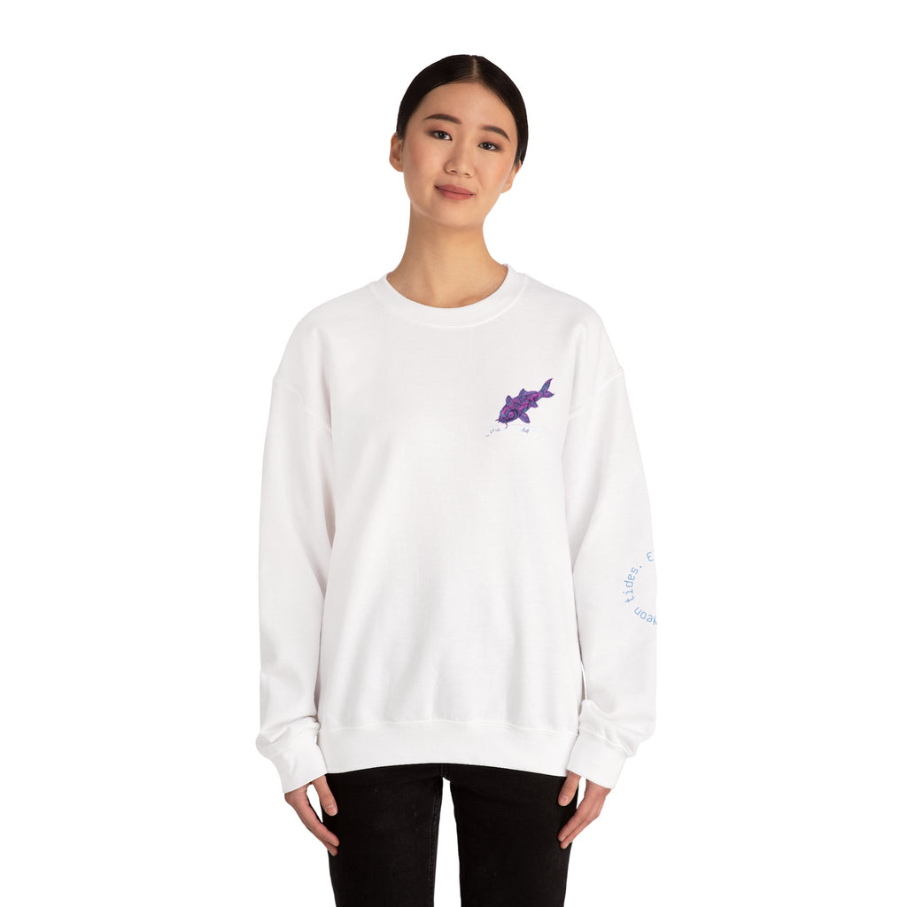 Crewneck Sweatshirt — Pastel Japanese Text Repeat & Purple Fish Graphic