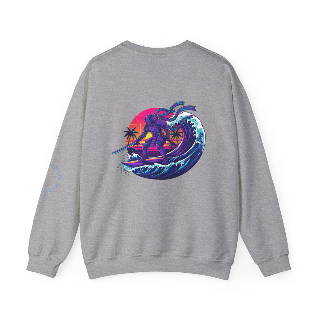 Surf Samurai Crewneck Sweatshirt — Retro Neon Sunset Wave Design
