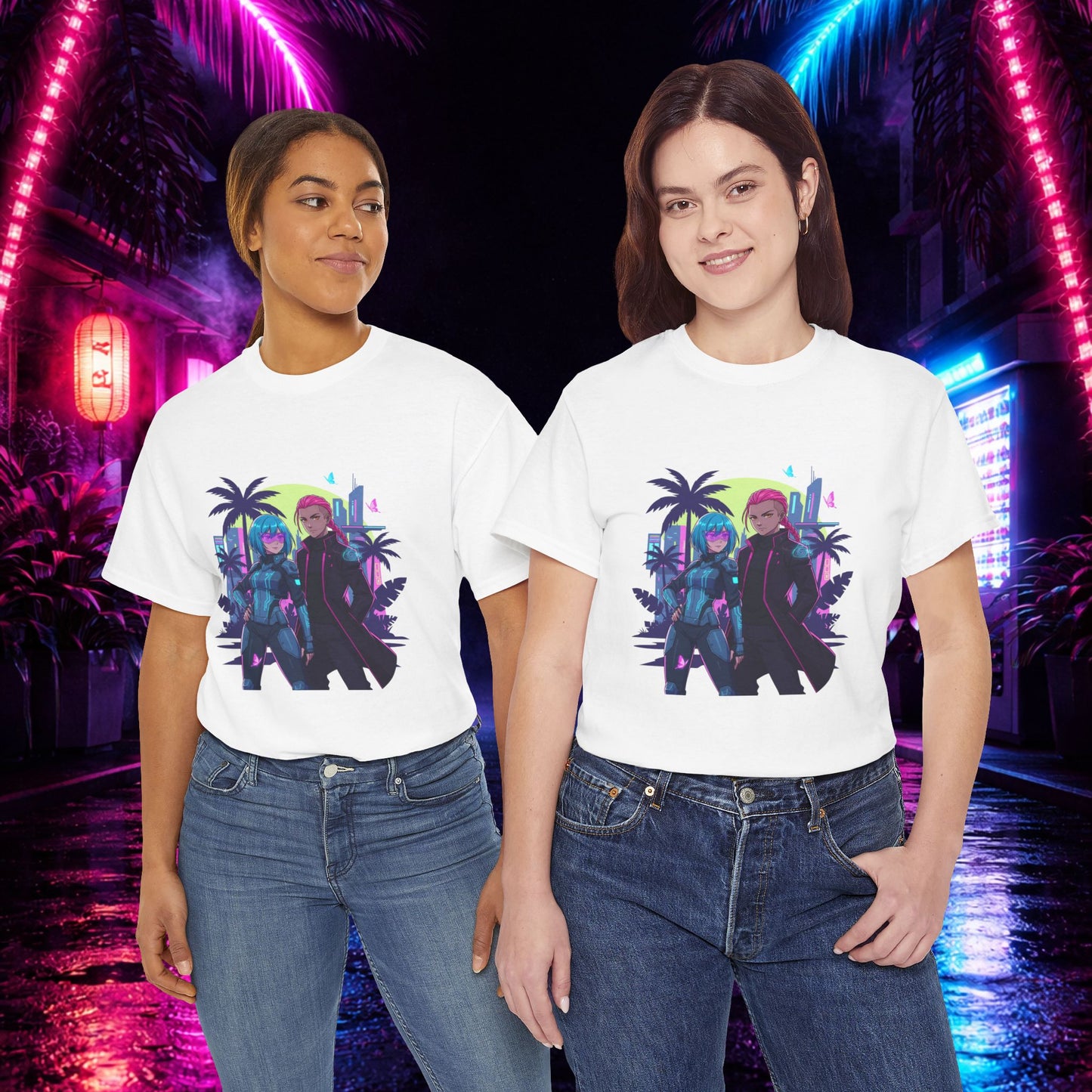 Cyberpunk Tropical Duo Tee — Neon Futuristic Beach Graphic T-Shirt