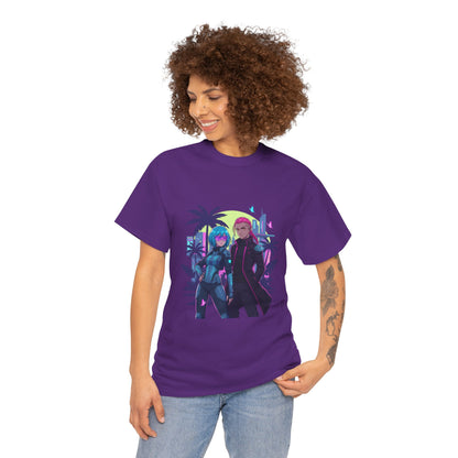 Cyberpunk Tropical Duo Tee — Neon Futuristic Beach Graphic T-Shirt
