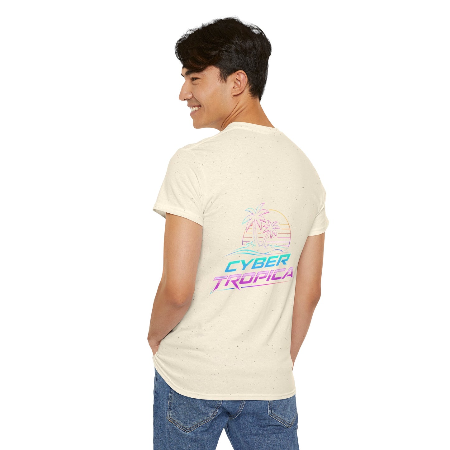 Cyberpunk Tropical Duo Tee — Neon Futuristic Beach Graphic T-Shirt