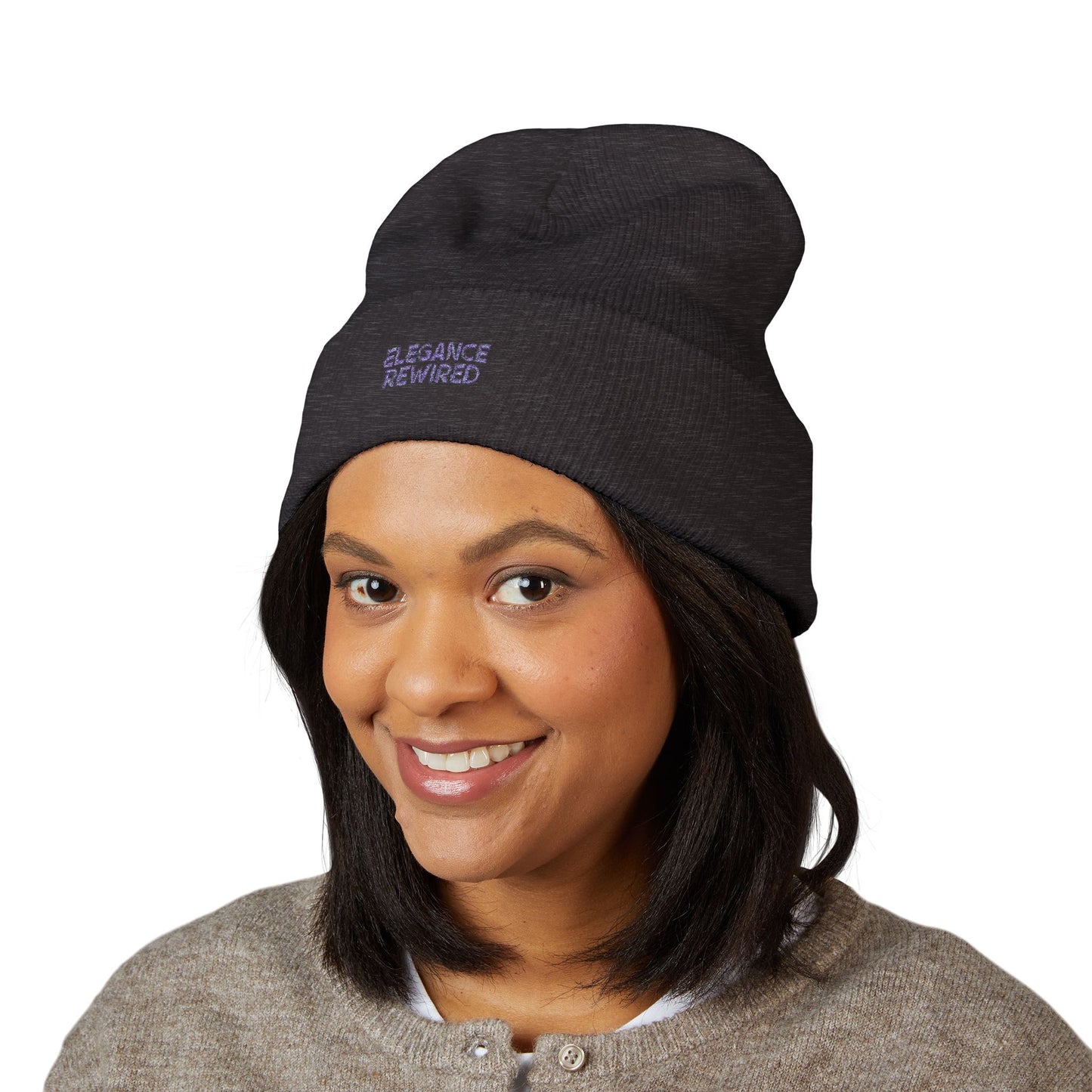 Embroidered 'Elegance Rewired' Cuffed Beanie