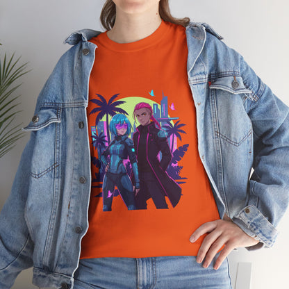 Cyberpunk Tropical Duo Tee — Neon Futuristic Beach Graphic T-Shirt