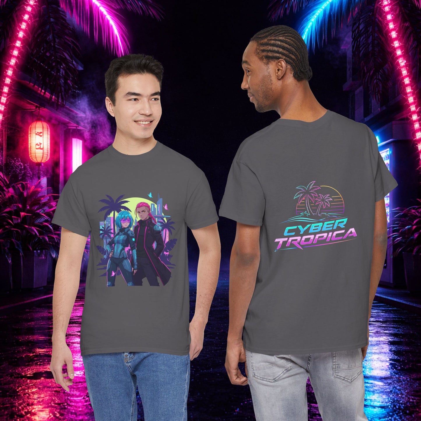 Cyberpunk Tropical Duo Tee — Neon Futuristic Beach Graphic T-Shirt