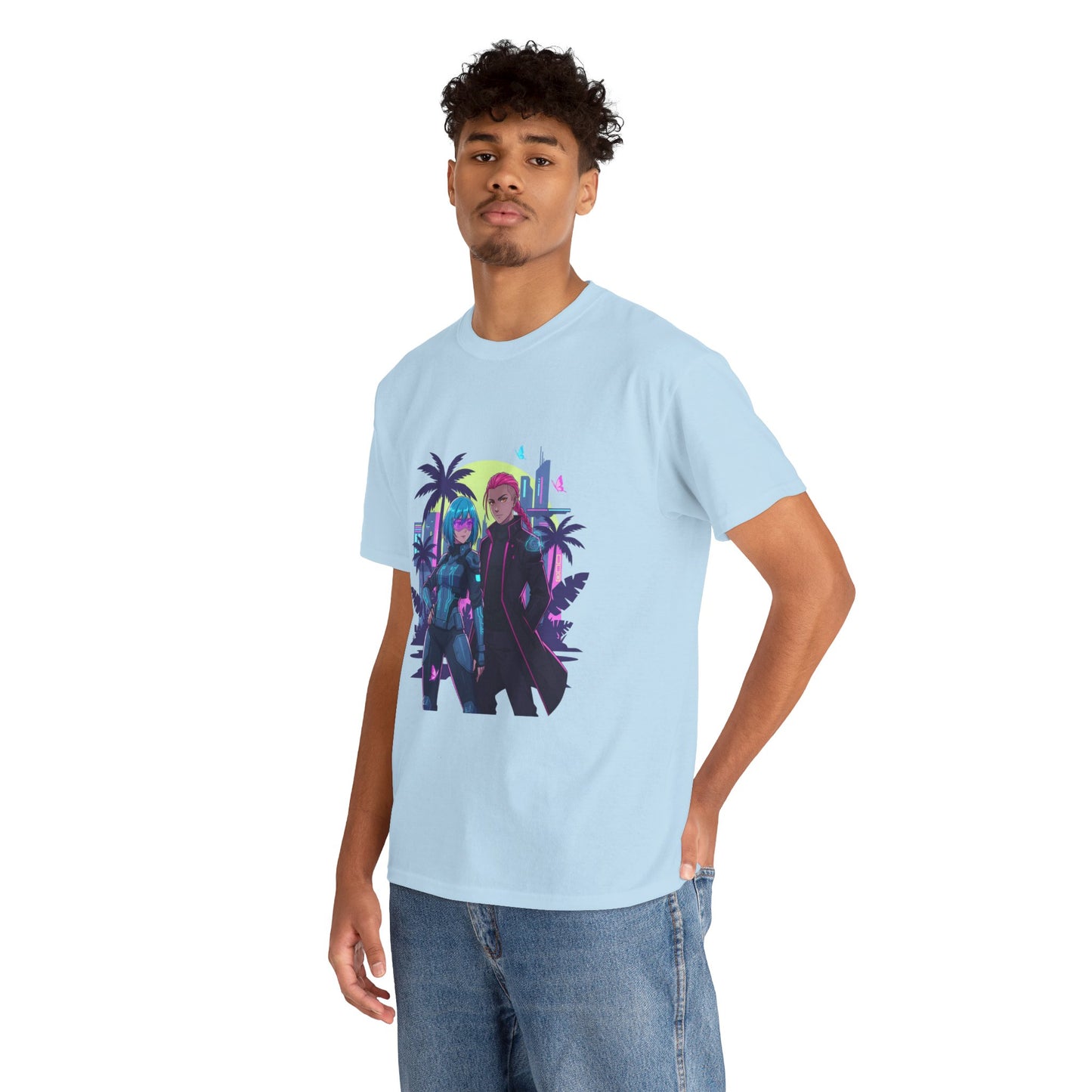 Cyberpunk Tropical Duo Tee — Neon Futuristic Beach Graphic T-Shirt