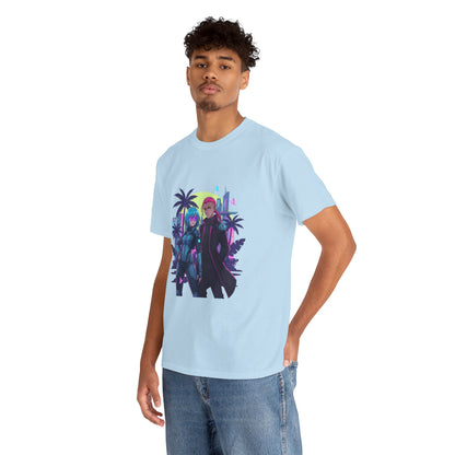 Cyberpunk Tropical Duo Tee — Neon Futuristic Beach Graphic T-Shirt