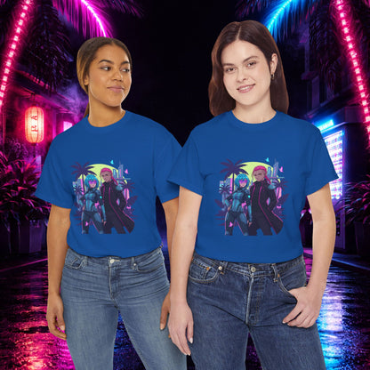 Cyberpunk Tropical Duo Tee — Neon Futuristic Beach Graphic T-Shirt