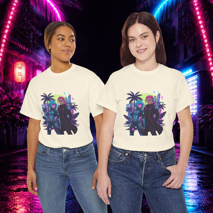 Cyberpunk Tropical Duo Tee — Neon Futuristic Beach Graphic T-Shirt