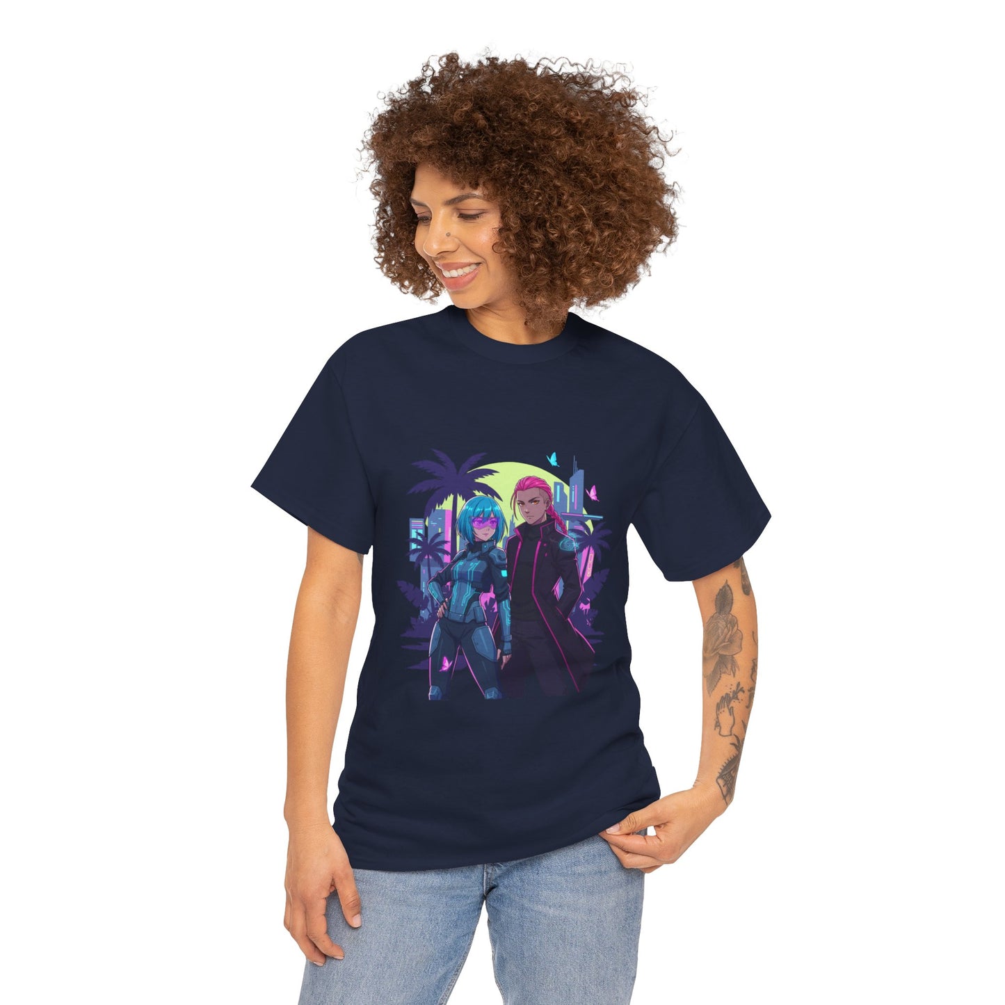 Cyberpunk Tropical Duo Tee — Neon Futuristic Beach Graphic T-Shirt