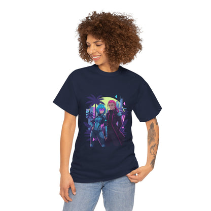Cyberpunk Tropical Duo Tee — Neon Futuristic Beach Graphic T-Shirt