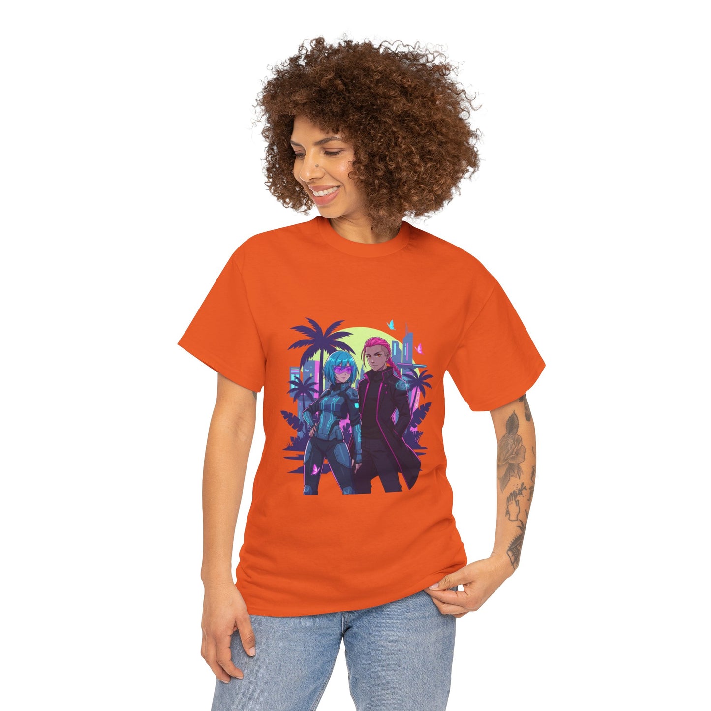 Cyberpunk Tropical Duo Tee — Neon Futuristic Beach Graphic T-Shirt