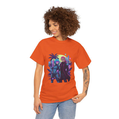 Cyberpunk Tropical Duo Tee — Neon Futuristic Beach Graphic T-Shirt