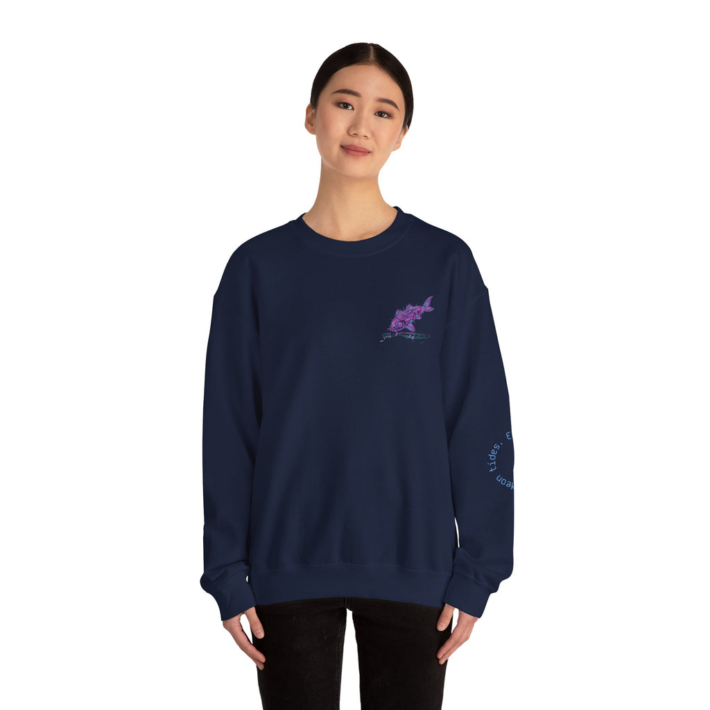 Crewneck Sweatshirt — Pastel Japanese Text Repeat & Purple Fish Graphic