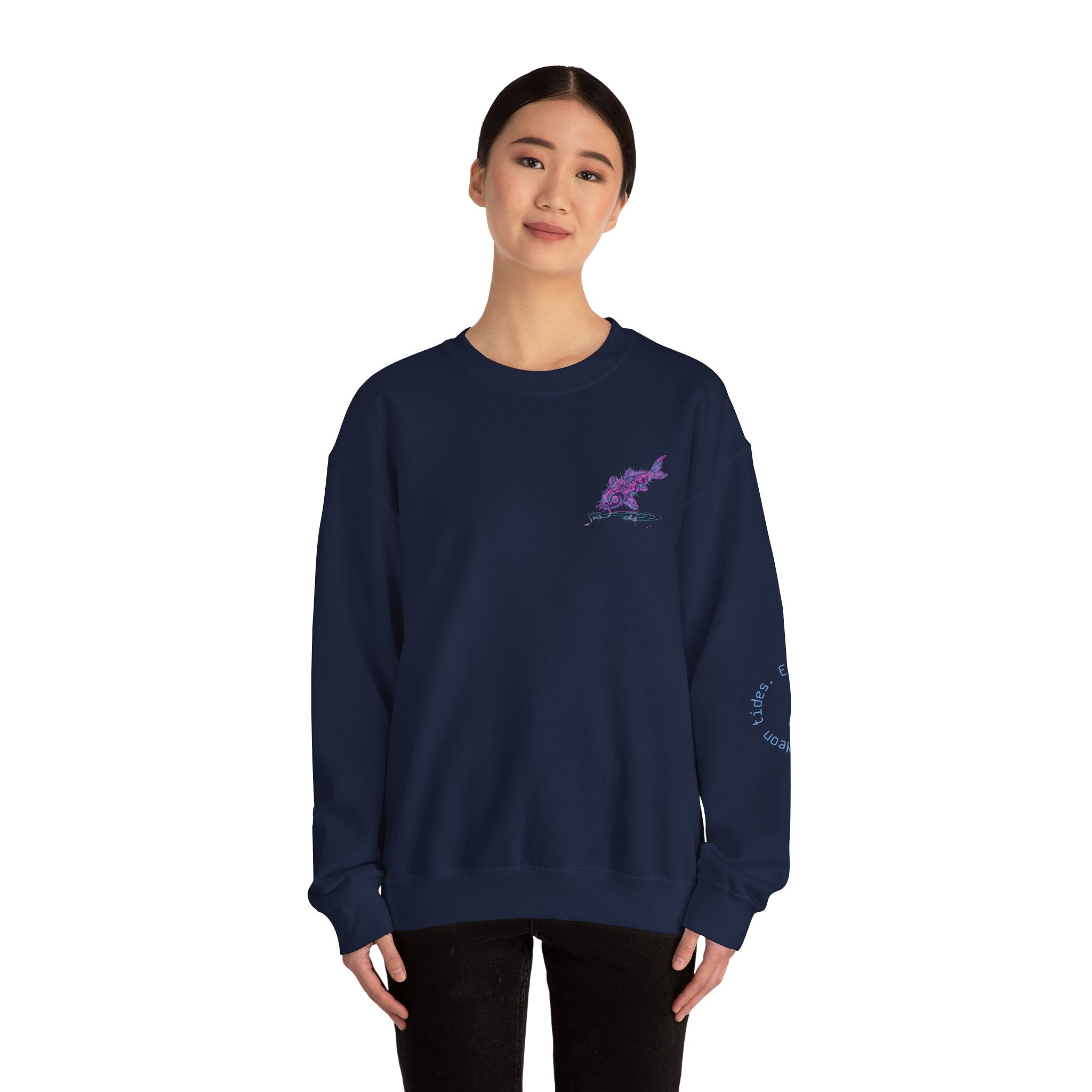 Crewneck Sweatshirt — Pastel Japanese Text Repeat & Purple Fish Graphic