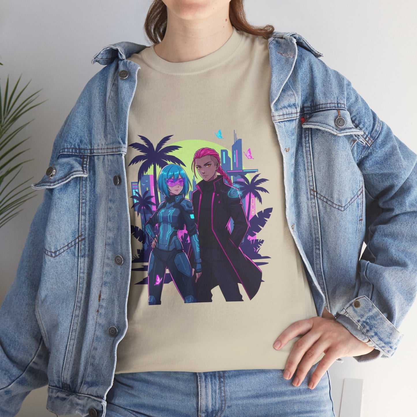 Cyberpunk Tropical Duo Tee — Neon Futuristic Beach Graphic T-Shirt