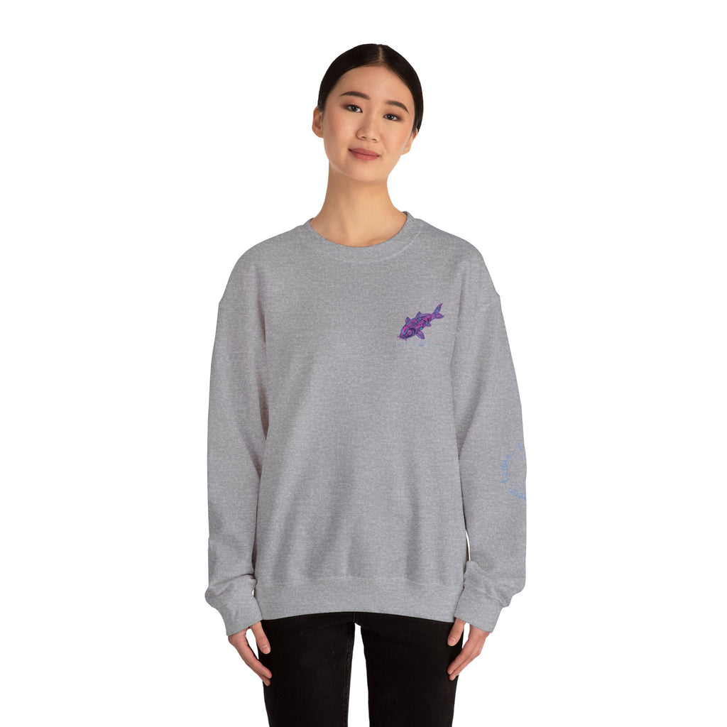 Crewneck Sweatshirt — Pastel Japanese Text Repeat & Purple Fish Graphic