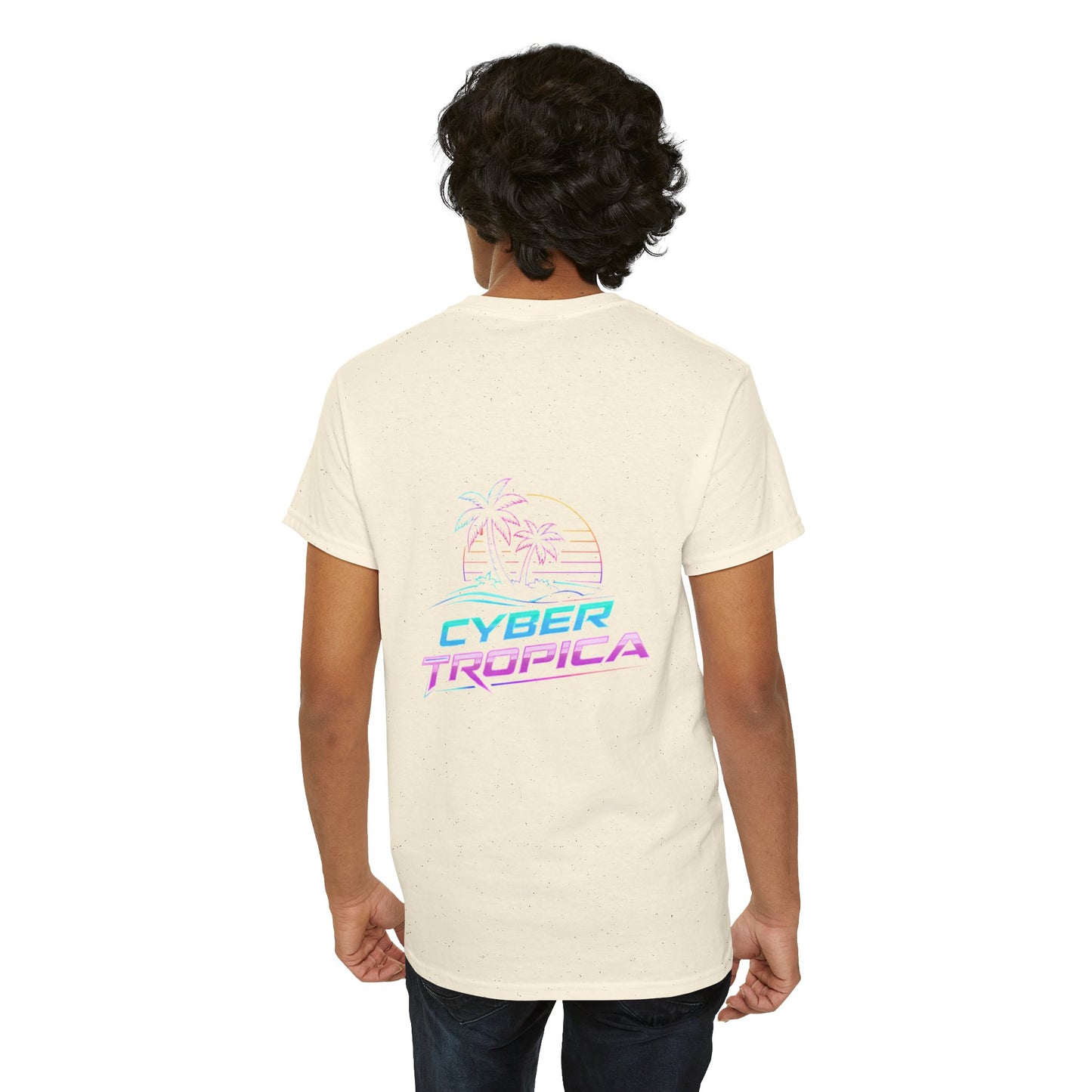 Cyberpunk Tropical Duo Tee — Neon Futuristic Beach Graphic T-Shirt