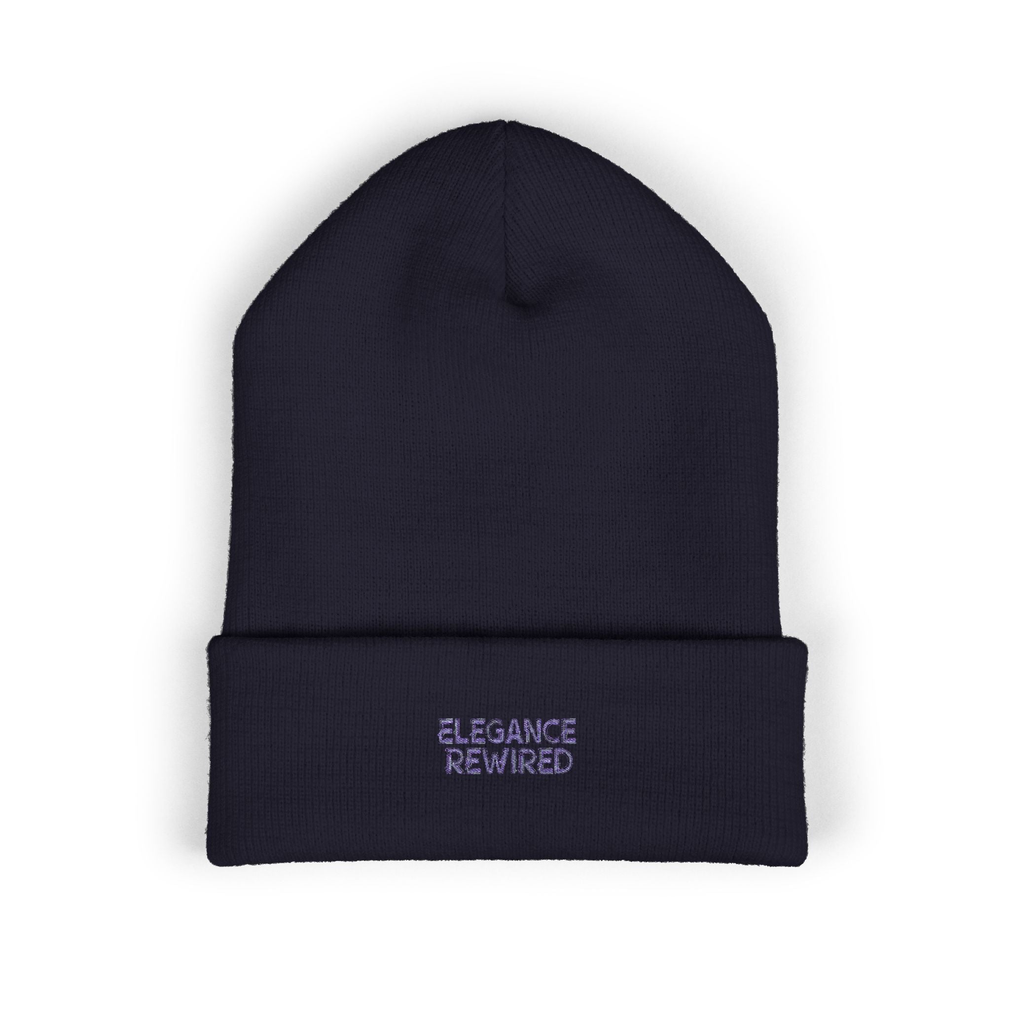 Embroidered 'Elegance Rewired' Cuffed Beanie — Minimal White Knit Winter Hat