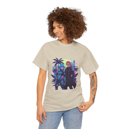 Cyberpunk Tropical Duo Tee — Neon Futuristic Beach Graphic T-Shirt