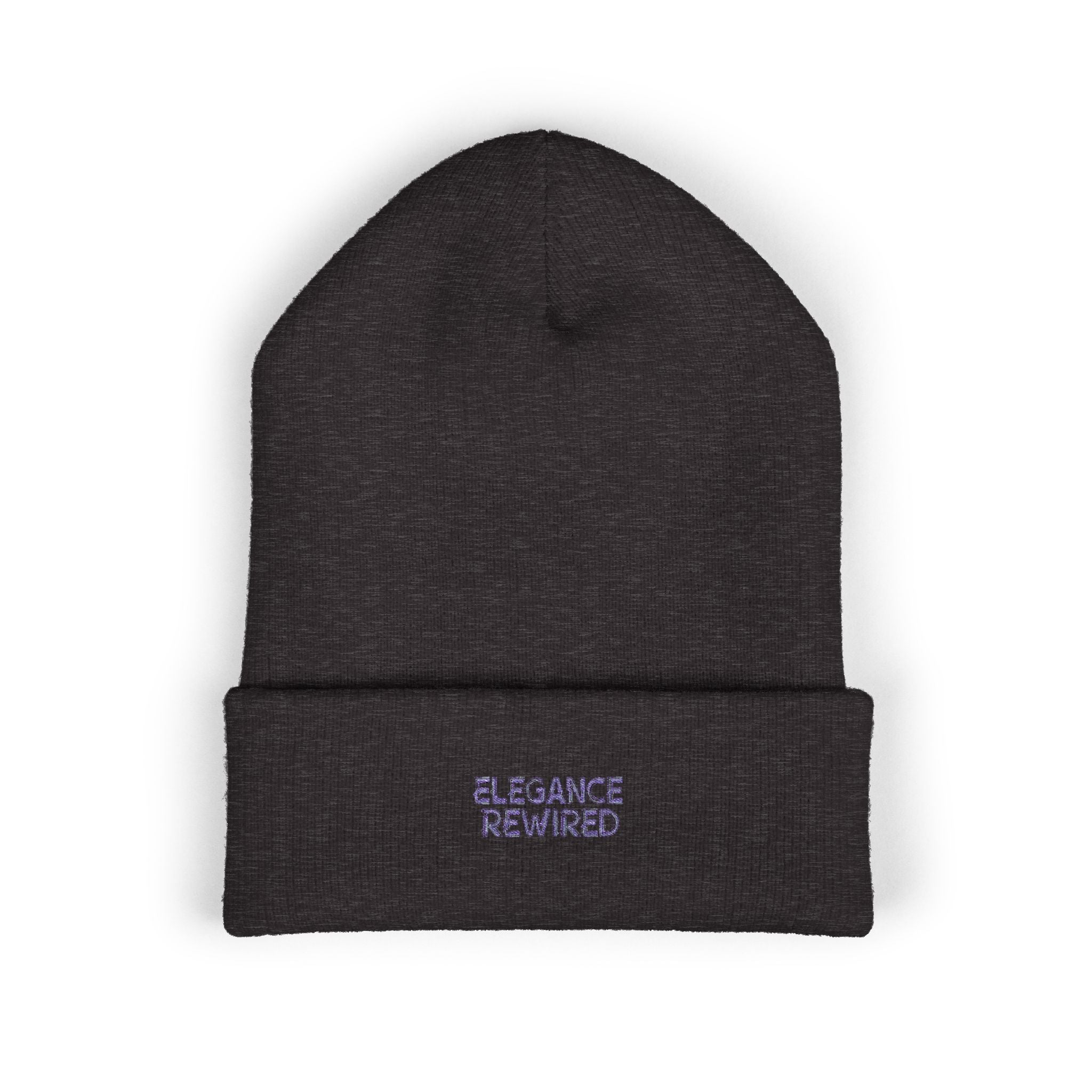 Embroidered 'Elegance Rewired' Cuffed Beanie — Minimal White Knit Winter Hat
