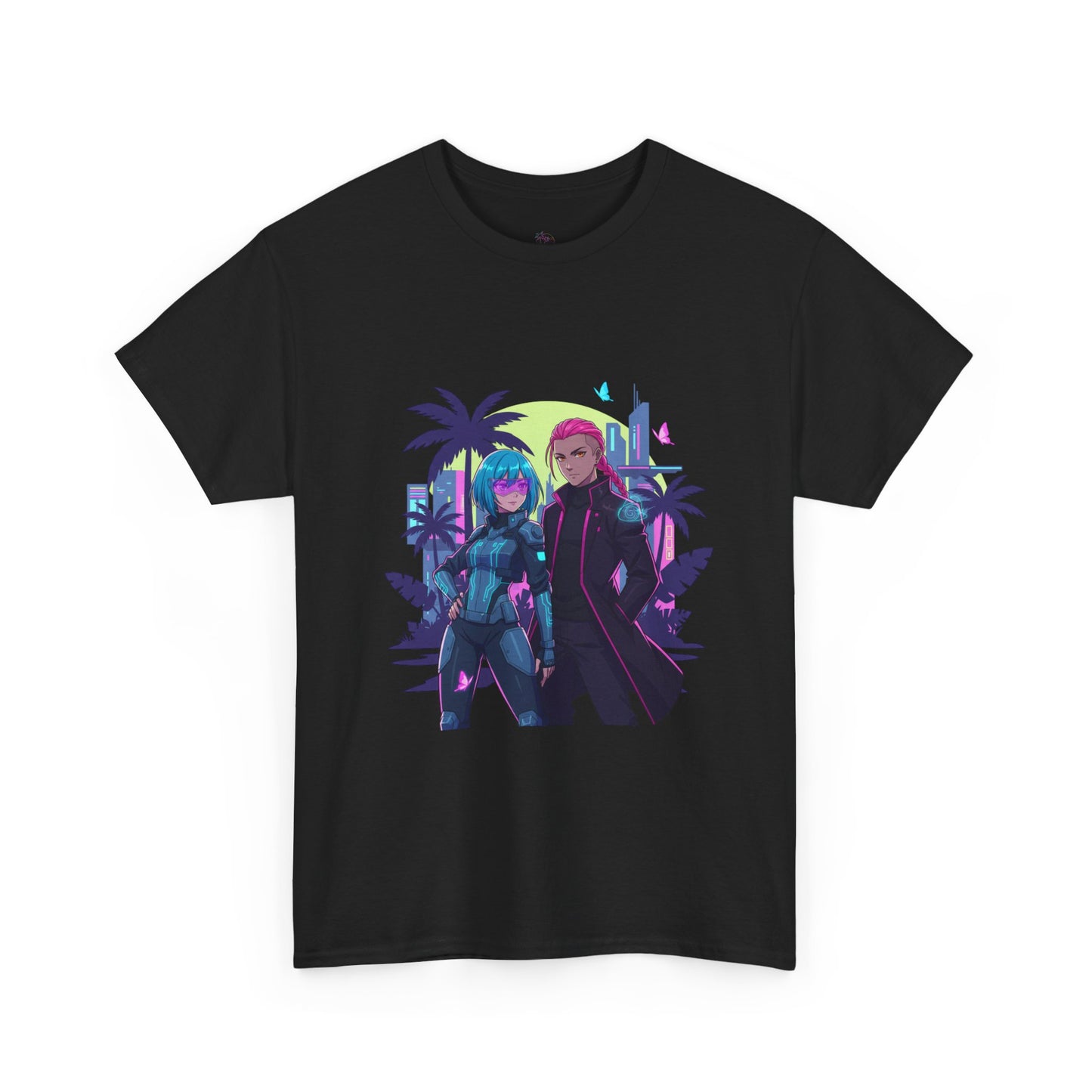 Cyberpunk Tropical Duo Tee — Neon Futuristic Beach Graphic T-Shirt