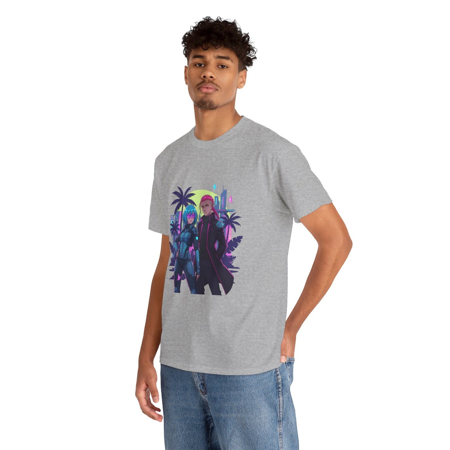 Cyberpunk Tropical Duo Tee — Neon Futuristic Beach Graphic T-Shirt